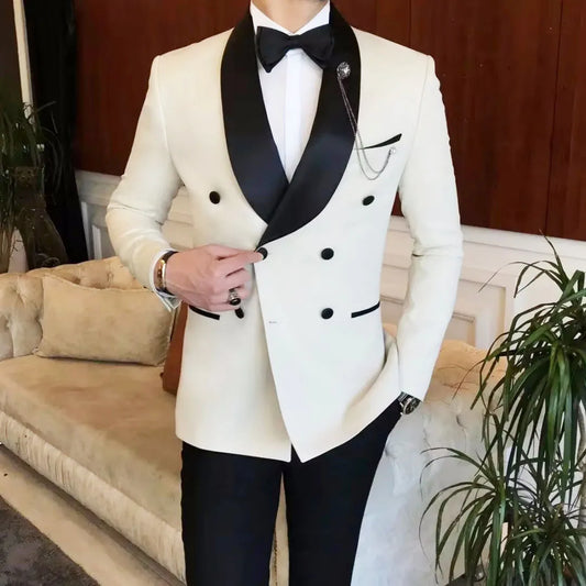 Men Suit 2 Pieces White Black With Lapel Double Button For Wedding Banquet Party Business Work Office Set Jacket And Pants