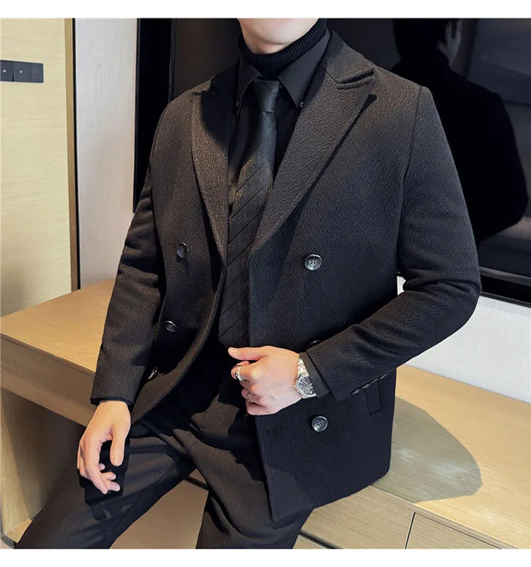 British Style Winter Double Breasted Woolen Suit Jackets Men Thick Warm Wedding Business Blazers Solid Color Casual Dress Coat
