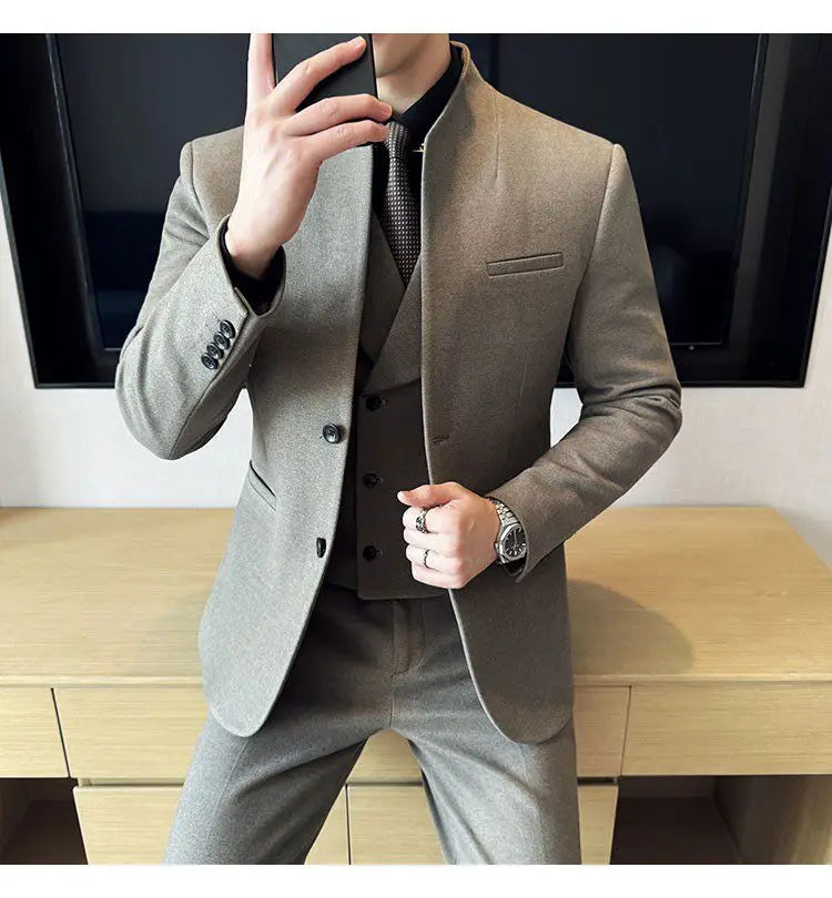 Men's 3-Piece Slim Fit Stand Collar Suit – Wedding, Prom & Office Formal Set