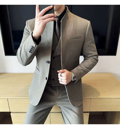 Men's 3-Piece Slim Fit Stand Collar Suit – Wedding, Prom & Office Formal Set