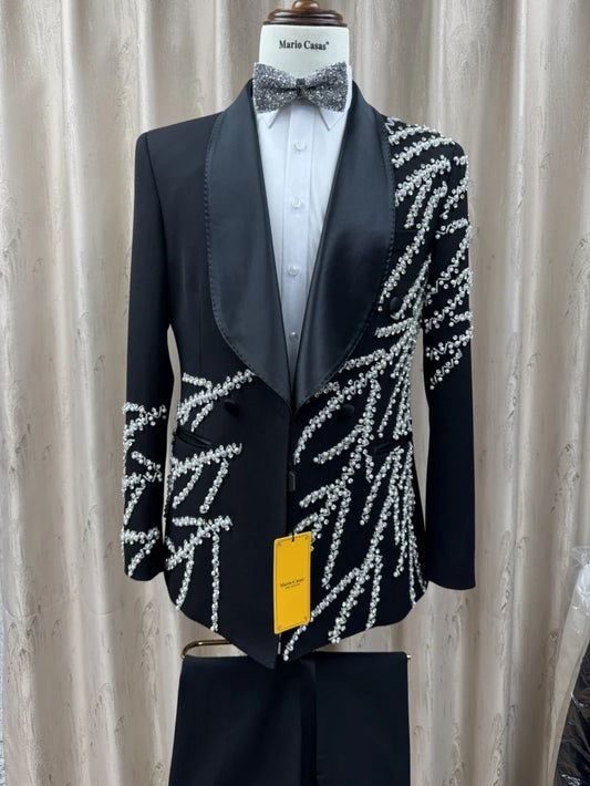 Men's Luxurious Pearls Suit Set 2 Pieces Dancing Wear Double Breasted Men's Slim Fit Suits Wedding Brithday Party Outifit S-3XL