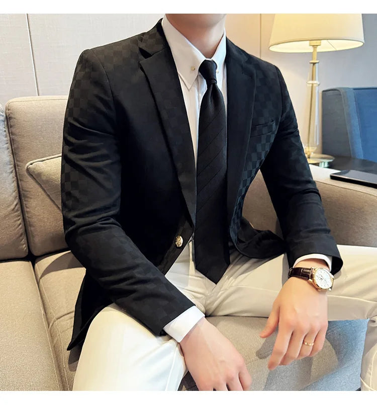 2024 Spring Plaid Blazers Men Single Breasted Casual Business Suit Jacket Fashion Slim Social Banquet Wedding Groom Dress Coats