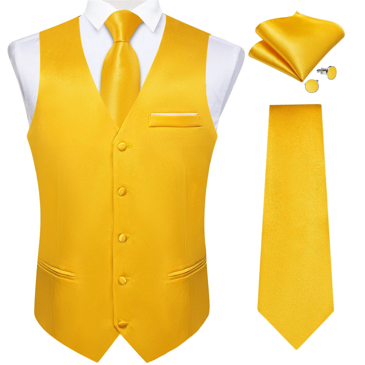 Men's Satin Suit Vest Set with Tie Handkerchief and Cufflinks for Wedding and Prom
