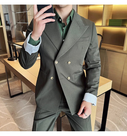 Korean Style Double Breasted Suit Jacket for Men Fashion Casual Business Suit Jackets Office Social Banquet Blazer Masculino