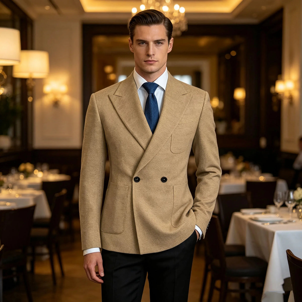 Classic Men Linen Blend Suit Blazer Double Breasted Peak Lapel Man Formal Jacket  Business Slim Fit Lightweight Coat For Wedding