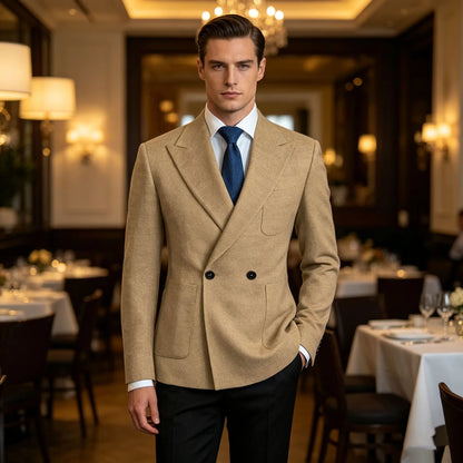 Classic Men Linen Blend Suit Blazer Double Breasted Peak Lapel Man Formal Jacket  Business Slim Fit Lightweight Coat For Wedding