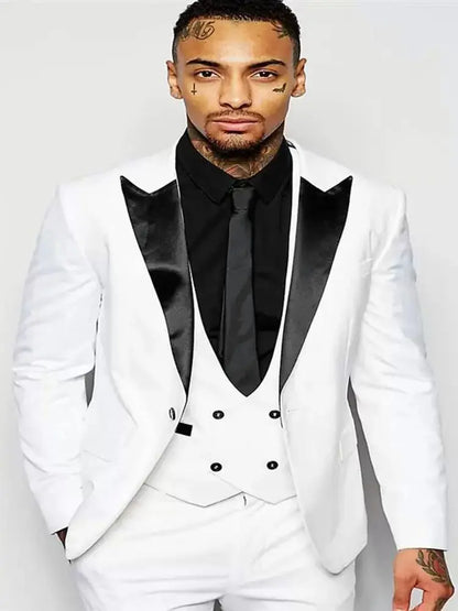 White Fashion Wedding Party Business Casual Slim Fit Suit For Men Peak Lapel 3 Piece (Blazer+Vest+Pants)Costume Homme