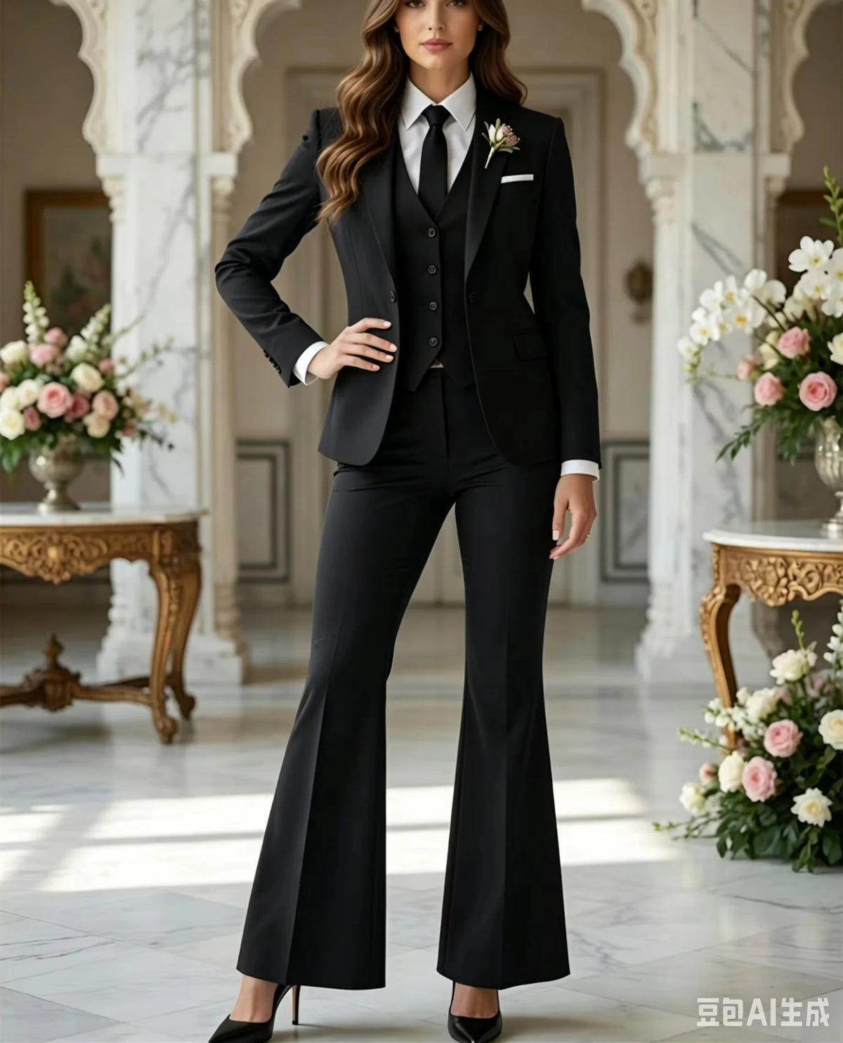 Luxury Fashion Navy Blue 3 Piece Suit Women Costume Tuxedo Flared Pantsuit 70s Retro Vintage Bridal