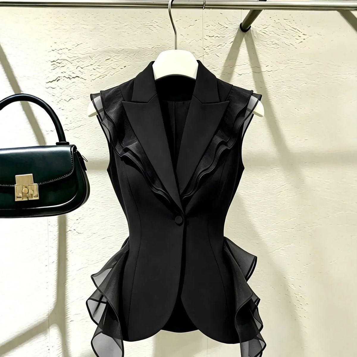 2026 New Black Suit Vest Female Summer Korean Fashion Spliced Flounces Sleeveless Blazers Jacket Waistcoat Women Outerwear Tops