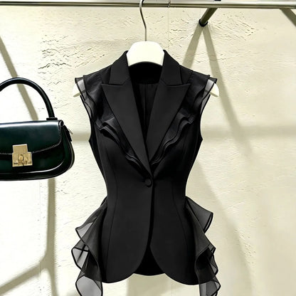 2026 New Black Suit Vest Female Summer Korean Fashion Spliced Flounces Sleeveless Blazers Jacket Waistcoat Women Outerwear Tops