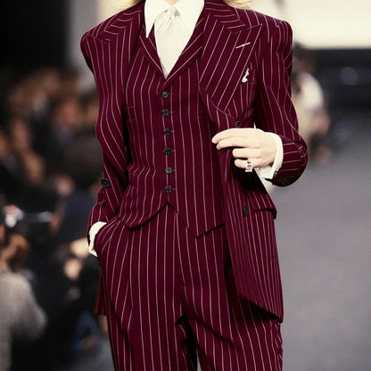Trending 2025 Brown Striped Women Suit Formal Double-breasted Peaked Lapel 3Pieces (Jacket+Pants+Vest) Business Office Lady Set