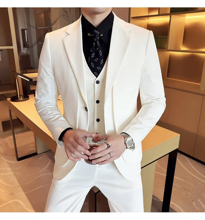 British Style Fake Two-piece Suit Set Men's Wedding Groom Dress 3 Piece Set Suit Vest Trousers Slim Office Business Casual Suits