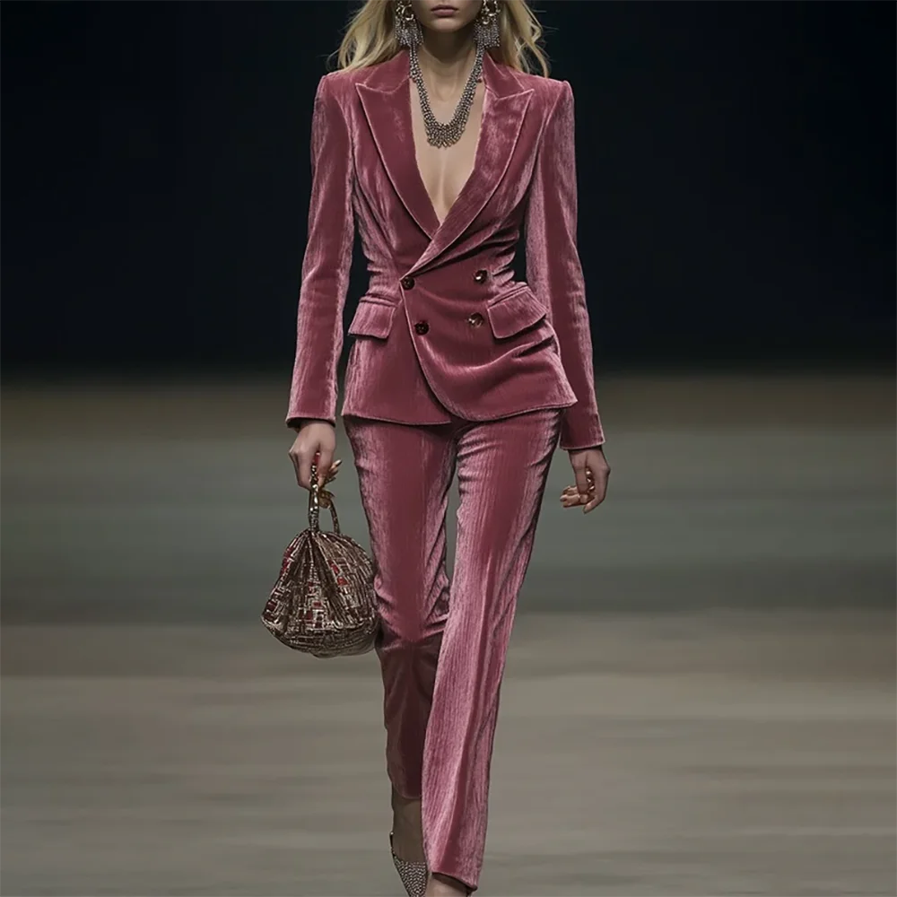 Rose Velet Women Suit Set Casual Blazer Slim Fit 2025 Trendy Double-breasted 2Pieces Streetwear Ladies Autumn Winter Outfit