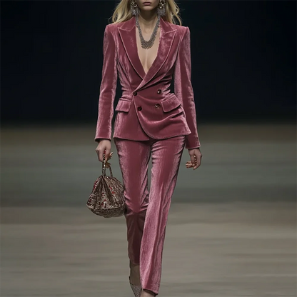 Rose Velet Women Suit Set Casual Blazer Slim Fit 2025 Trendy Double-breasted 2Pieces Streetwear Ladies Autumn Winter Outfit