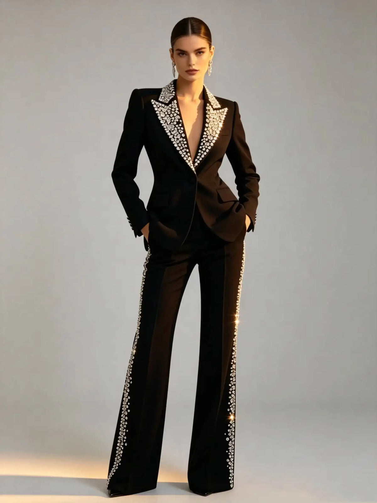 Fashion Crystals 2 Pieces Suits Peaked Lapel Jacket Plus Size Women Ladies Prom Evening Guest Formal Wear Coat Customized