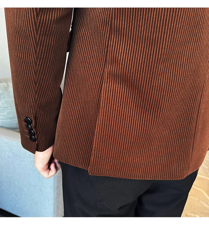 Corduroy Stripe Suit Jacket For Men Autumn Winter Business Slim Fit Tailcoat Formal Wedding Party Fashion Casual Suit Coat 4XL-M