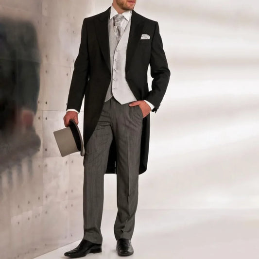 Men Suit 3 Pieces Black Single Button Stripe For Wedding Banquet Birthday Party Business Work Office Set Jacket Gray Vest Pants