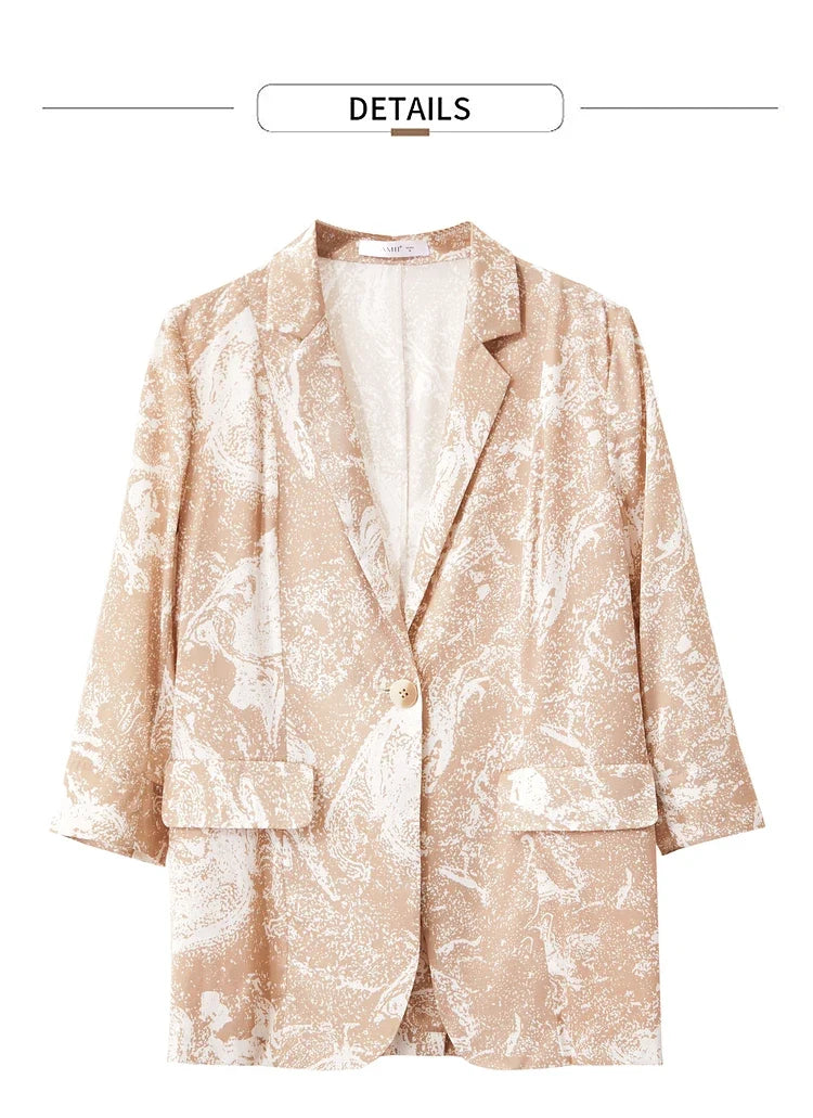 Minimalism Silk Blazers 2026 Summer Notched Printed Basic Fashion Jacket Three Quarter Women Office Lady Blouse 12452146