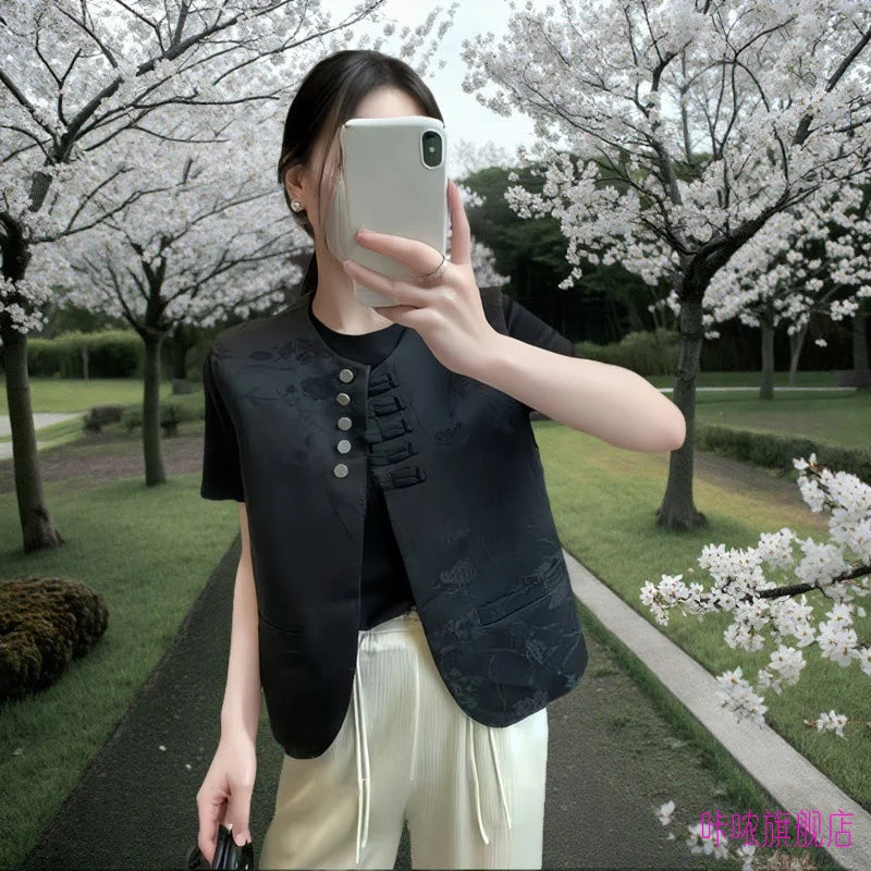 New Chinese Style Buckle Vest Coat For Women New Spring Autumn O-Neck Embroidery Sleeveless Jacket Fashion Jacquard Waistcoat