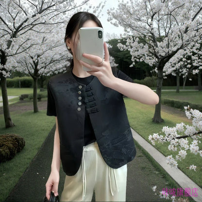 New Chinese Style Buckle Vest Coat For Women New Spring Autumn O-Neck Embroidery Sleeveless Jacket Fashion Jacquard Waistcoat