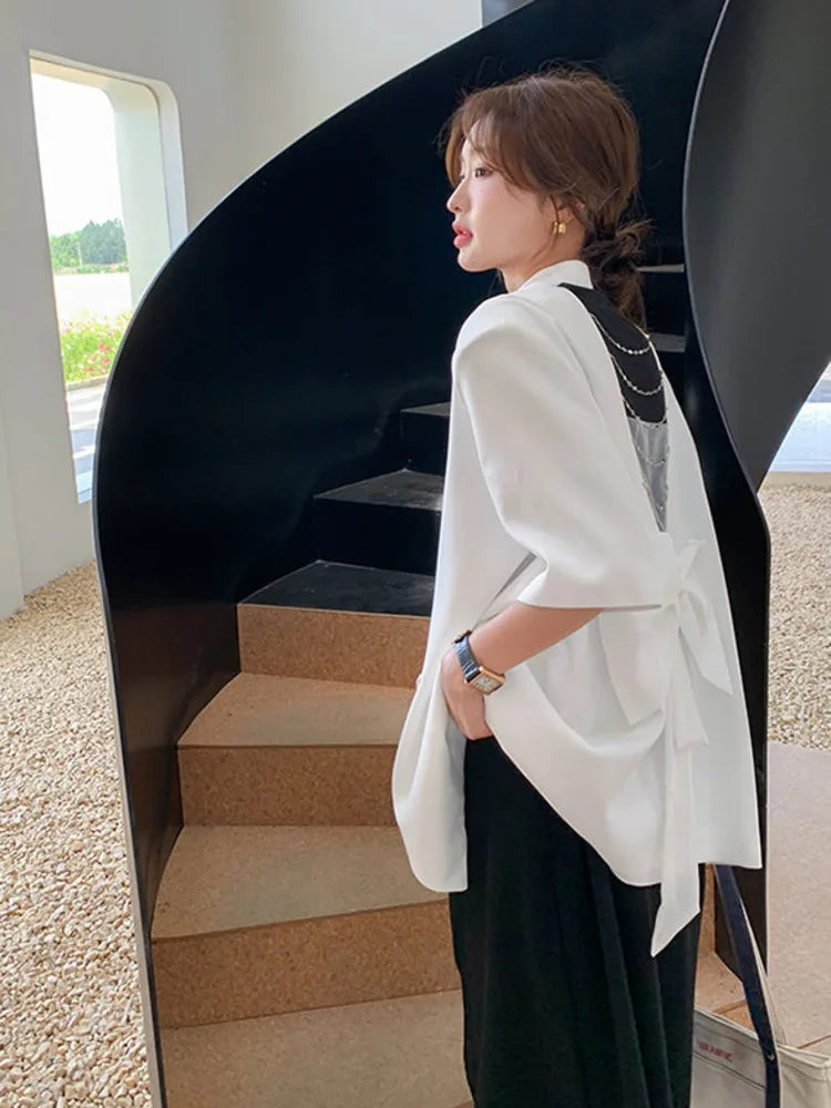 Summer New Women's Blazer Short Sleeves Back Bowknot Chain Niche Design Elegant High-end Sweet Ins Chic Tide Jacket HK14700