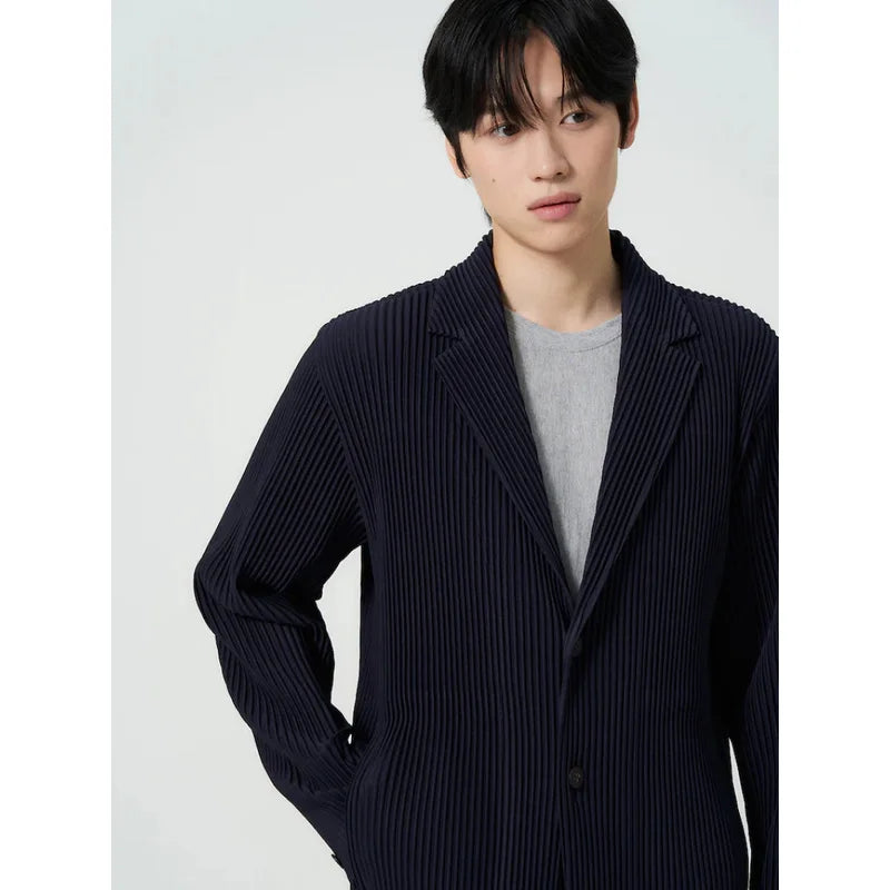 Miyake Pleated Men's Blazer Jacket Japanese Style Slim Fit Suit Coat Stretch Business Casual Office Fashion Luxury Wrinkle Free