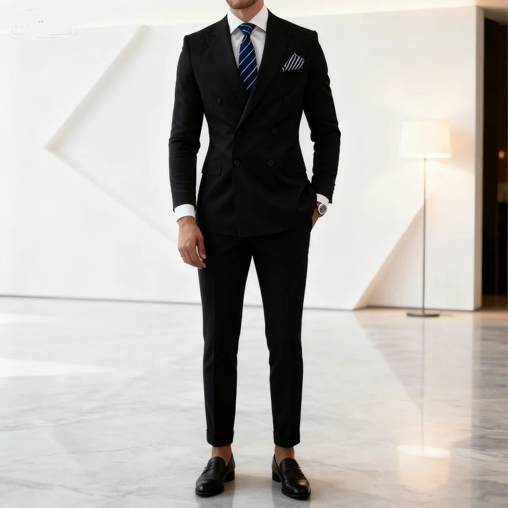 ( Blazer+Pants ) Men's 2 Piece Suits Double Breasted Lapel Slim Fit Man Clothes Groom Wedding Business Office Blazers Homme