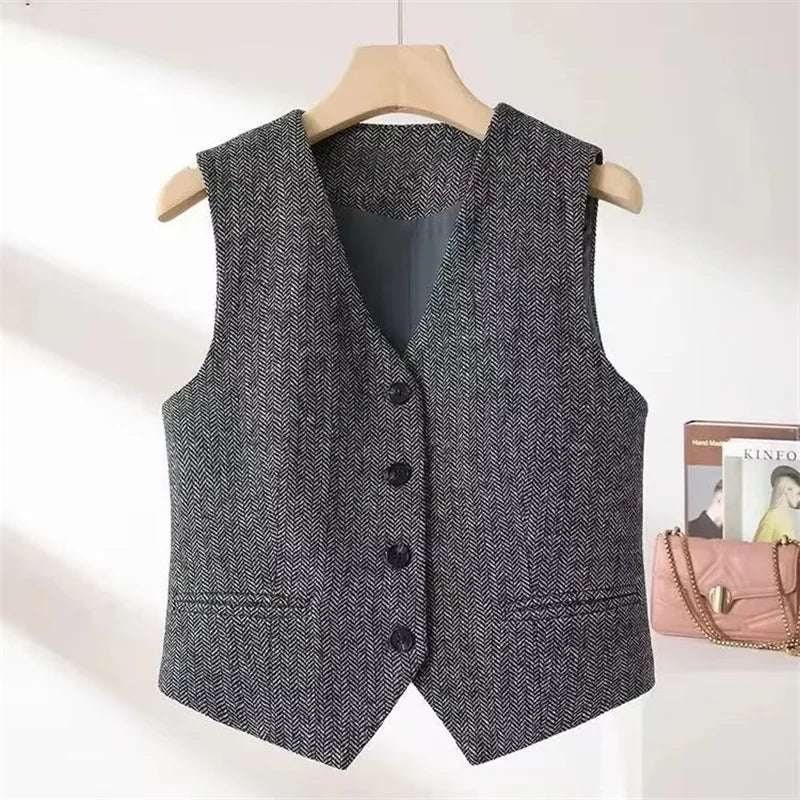 British Style Retro Suits Vests Spring Autumn V-neck Herringbone Pattern Women's Sleeveless Jacket New Blazers Waistcoat