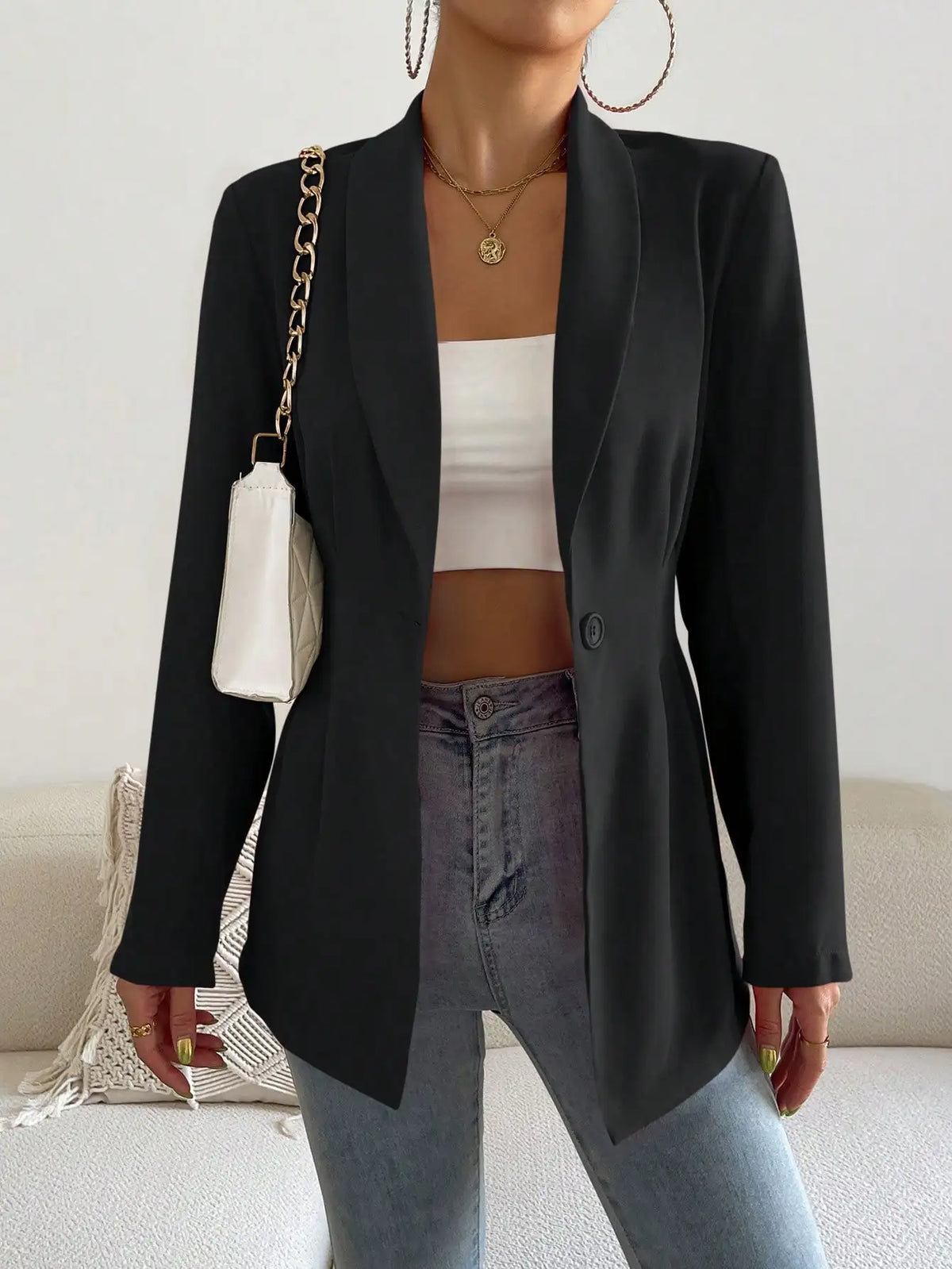 Womens Solid Color Classic Blazer Long Sleeve Single Button Slim Fit Office Work Jacket Autumn Spring Formal Outerwear