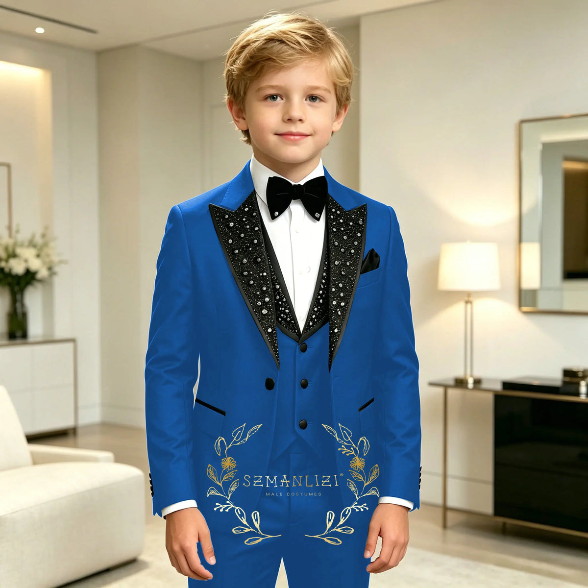 Classic Suits for Boys Black Crystals 3-Piece Fashion Stylish Boy's Tuxedo Formal For Party Outfit For Kids Blazer Vest Pant