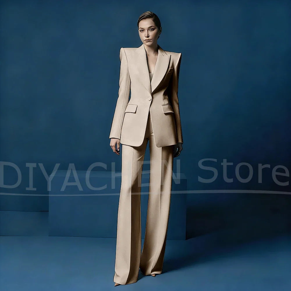 Women's Blazer and Wide-Leg Pants Suit Set Slim Fit One Button Jacket with Peak Lapel Elegant Formal Outfits for Office Party