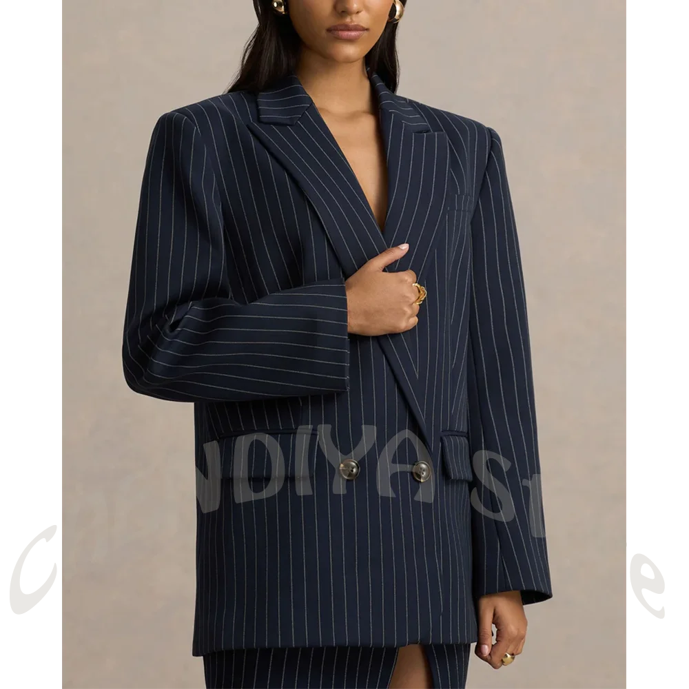 Unique Design Striped Suit Jacket With Skirt Full Length Side Slit Double Breasted Blazer Set 2 Pieces Business Fashion Outfit