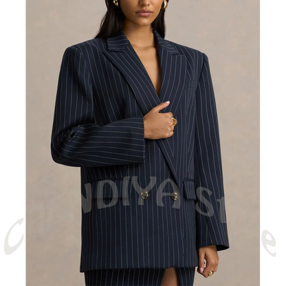 Unique Design Striped Suit Jacket With Skirt Full Length Side Slit Double Breasted Blazer Set 2 Pieces Business Fashion Outfit