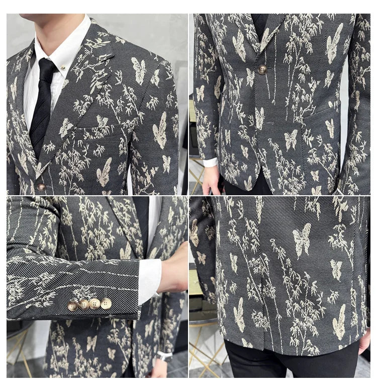 High-end Luxury Printed Slim Fit Suit Jacket For Men 2024 Autumn New Fashion Social Party Casual Suit Coat Swallowtail 4XL-M