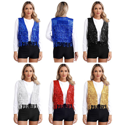 Women's Vest Glitter Tassel Sleeveless Waistcoat V Neck Open Front Shiny Sequins Vests for Jazz Dancing Music Festival Clubwear