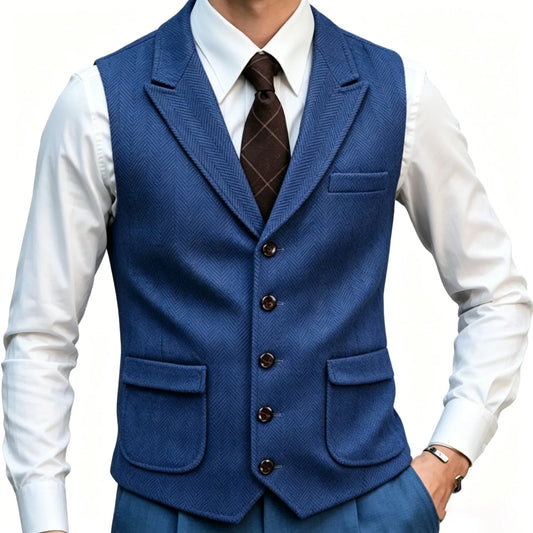 Men's Herringbone Tweed Vest – Notched Lapel Waistcoat for Wedding, Formal & Smart Casual Wear