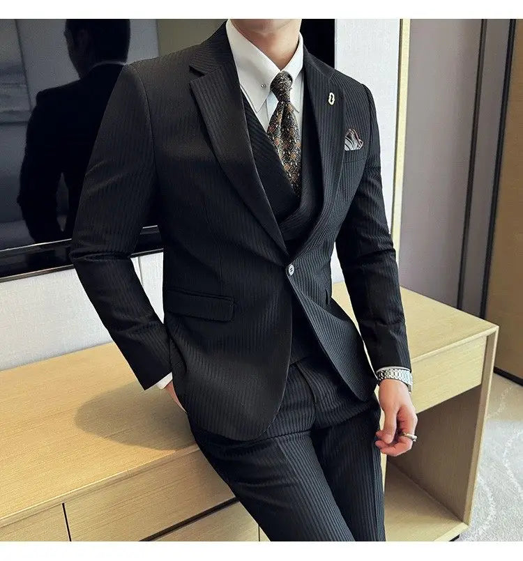 Men's Slim Fit 2-Piece Suit – Striped Single-Breasted Blazer and Trousers for Wedding, Business & Formal Wear