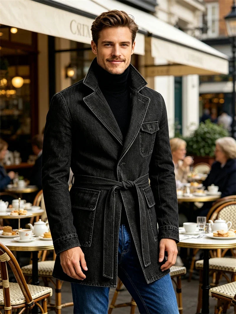 Men's Vintage Mid Length Belted Denim Trench Coat Notched Lapel Casual Workwear Outerwear Stylish Daily Streetwear Jacket