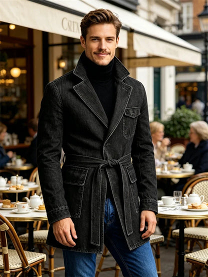 Men's Vintage Mid Length Belted Denim Trench Coat Notched Lapel Casual Workwear Outerwear Stylish Daily Streetwear Jacket