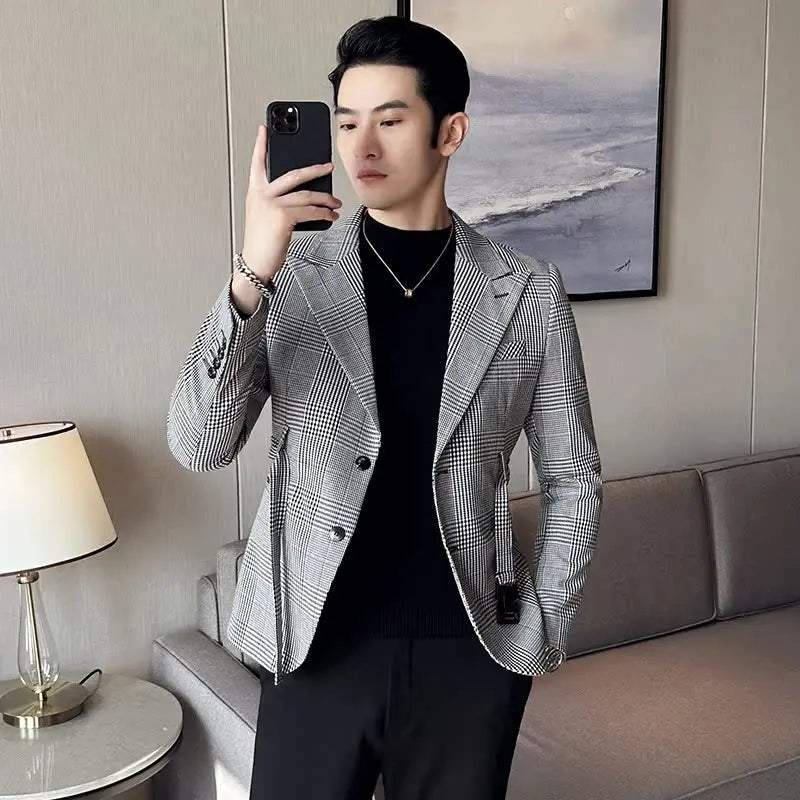 2025 Autumn Winter Classic Checkered Suit Jacket for Men Belt Decoration Slim Fit Casual Business Blazers Social Party Jacket