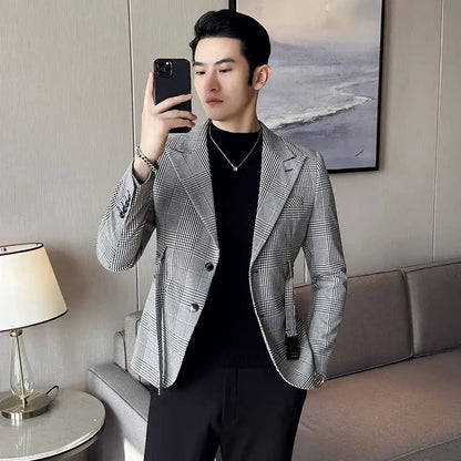 2025 Autumn Winter Classic Checkered Suit Jacket for Men Belt Decoration Slim Fit Casual Business Blazers Social Party Jacket