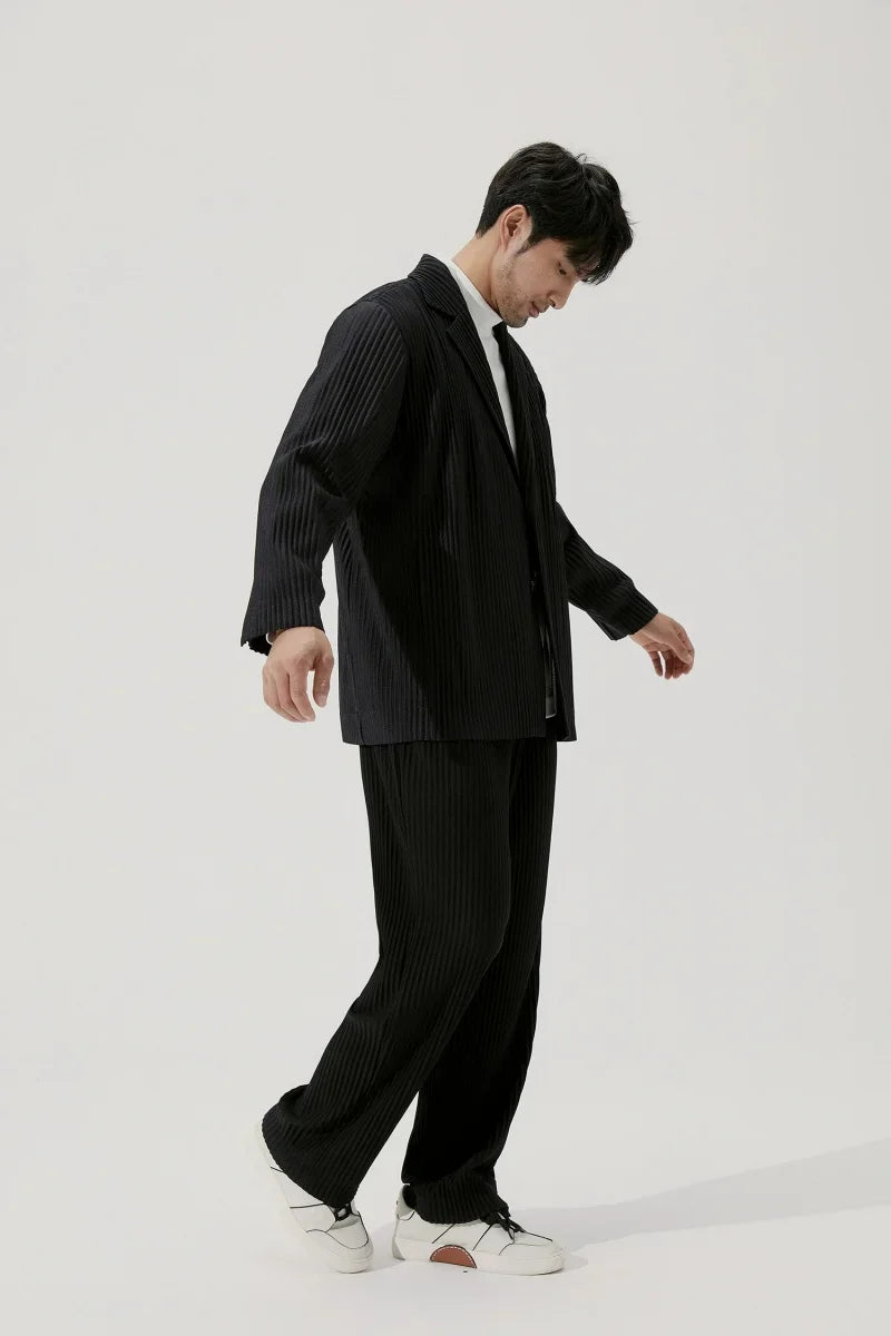Men's Miyake Pleated Style Blazer Jacket Japanese Casual Stretch Slim Fit Business Office Fashion Luxury Wrinkle Resistant Coat