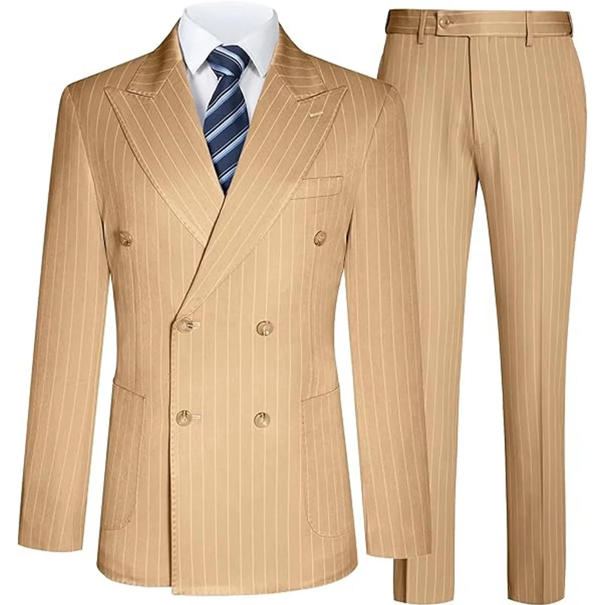 Men's Slim Fit Double Breasted Striped Suit – 2 Piece Blazer and Pants for Weddings and Formal Occasions
