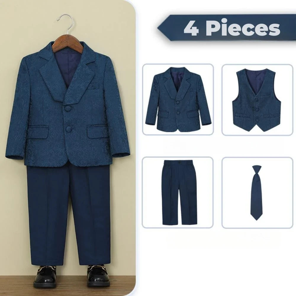 Jacquard Boys Slim Fit Suits 4 Pieces Wedding Birthday Party Wear,Notched Lapel Kids Suit Set Piano Performance Tuxedo