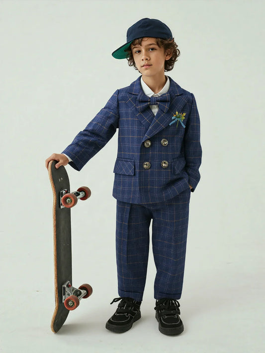 Kids Blue Plaid 5Pieces Suit Set With Jacket Vest Pants Bowtie Brooch Boys Formal Piano Host Performance Photography Outfit Suit