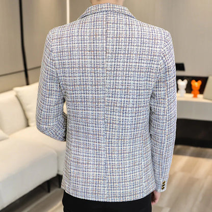 Korean Fashion Woven Suit Jacket for Men Autumn Slim Fit Casual Men Blazers Street Wear Social Business Dress Coats Men Clothing