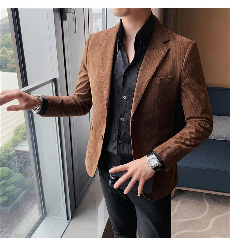 2024 High Quality Fashion Handsome Trend Business Matching Corduroy Small Suit Jacket Men Slim Fashion Casual Handsome Suit
