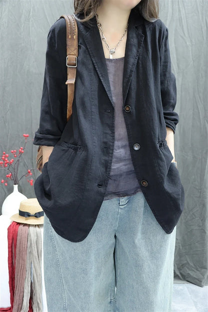 2026 Autumn New Style Women's Casual Pure Color Linen Long Sleeve Retro Fashionable Versatile Suiting Jacket Classic All-Match