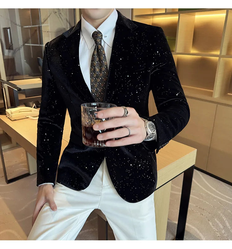 2025 Autumn New Velvet Jacket Men's Blazer Business Fashion Hot Stamping Printed Suit Jacket High-quality Luxury Dress Suit
