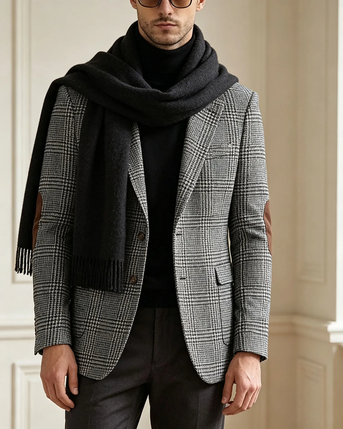 Vintage Wool Blend Plaid Men's Jackets Notched Collar Slim Fit Single Breasted Blazers With Suede Elbow Patches Business Casual